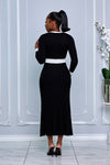 ROUND NECK CONTRACT TRIM BUTTON FRONT SWEATER DRESS (BLACK)
