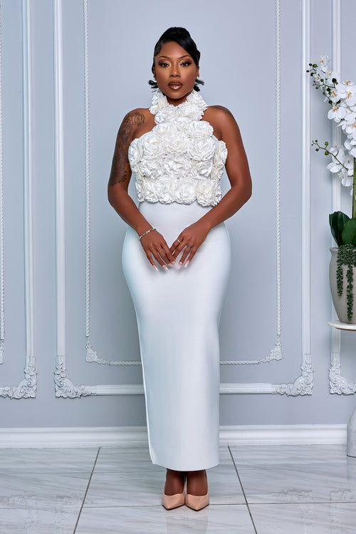 3D ROSETTE BODICE HALTER BANDAGE MAXI DRESS (WHITE)