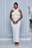 3D ROSETTE BODICE HALTER BANDAGE MAXI DRESS (WHITE)