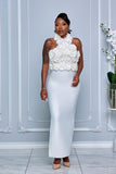 3D ROSETTE BODICE HALTER BANDAGE MAXI DRESS (WHITE)