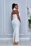 3D ROSETTE BODICE HALTER BANDAGE MAXI DRESS (WHITE)