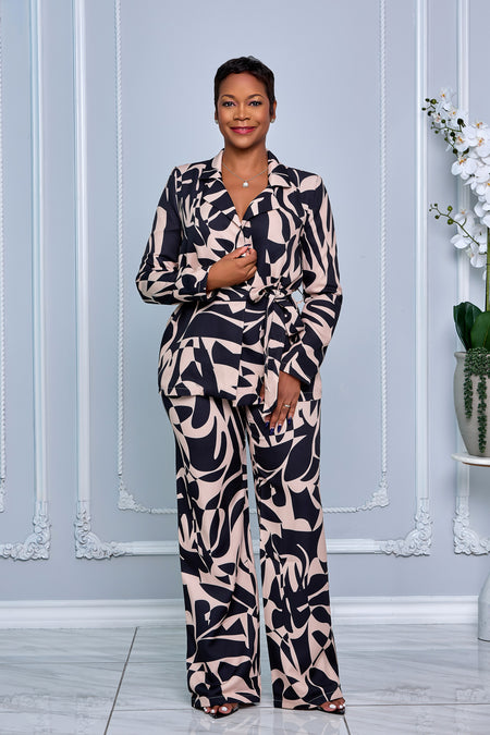 LONG SLEEVE BUTTON DOWN SHIRT TOP & WIDE-LEG PANTS SET (NAVY BLACK MULTI)