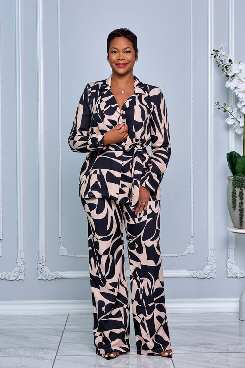 ABSTRACT PRINT SELF-TIE BLAZER AND PANTS SET