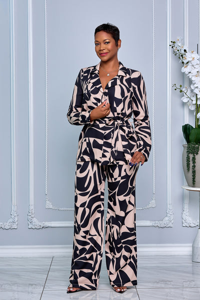 ABSTRACT PRINT SELF-TIE BLAZER AND PANTS SET