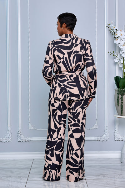 ABSTRACT PRINT SELF-TIE BLAZER AND PANTS SET