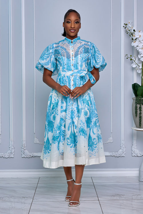 RHINESTONE EMBELLISHED BUTTON DOWN A-LINE DRESS (TURQUOISE)