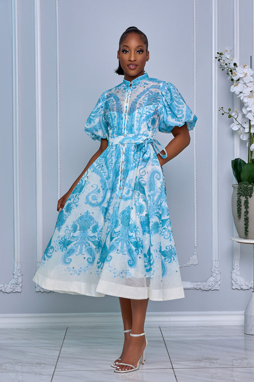 RHINESTONE EMBELLISHED BUTTON DOWN A-LINE DRESS (TURQUOISE)