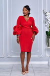 CHIC V-NECK MIDI DRESS WITH DRAMATIC PUFF SLEEVES (RED)