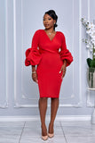 CHIC V-NECK MIDI DRESS WITH DRAMATIC PUFF SLEEVES (RED)