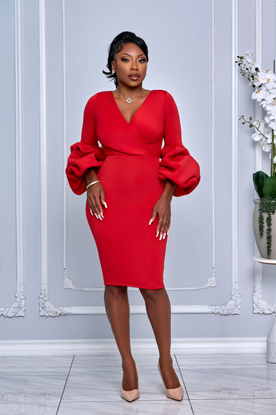 CHIC V-NECK MIDI DRESS WITH DRAMATIC PUFF SLEEVES (RED)