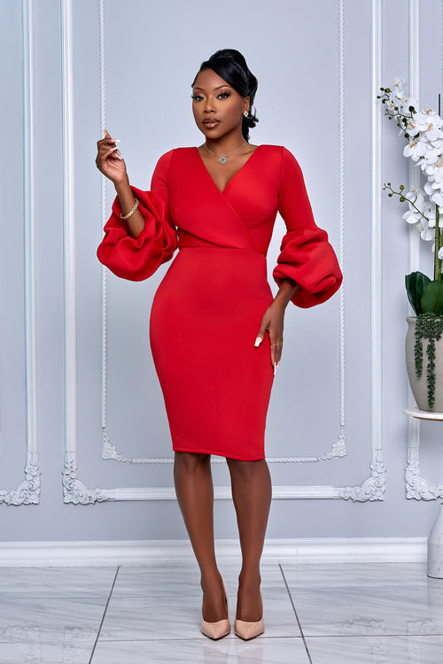 CHIC V-NECK MIDI DRESS WITH DRAMATIC PUFF SLEEVES (RED)