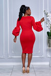 CHIC V-NECK MIDI DRESS WITH DRAMATIC PUFF SLEEVES (RED)