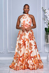 FLORAL PRINT HALTER NECK TIE OPEN BACK MAXI DRESS (ORANGE MULTI)