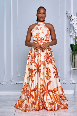 FLORAL PRINT HALTER NECK TIE OPEN BACK MAXI DRESS (ORANGE MULTI)  Dress  Code Chic Official