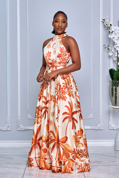 FLORAL PRINT HALTER NECK TIE OPEN BACK MAXI DRESS (ORANGE MULTI)