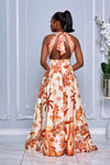 FLORAL PRINT HALTER NECK TIE OPEN BACK MAXI DRESS (ORANGE MULTI)