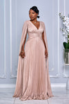 V-NECK CAPE LONG SLEEVE PLEATED MAXI DRESS (LIGHT GOLD)