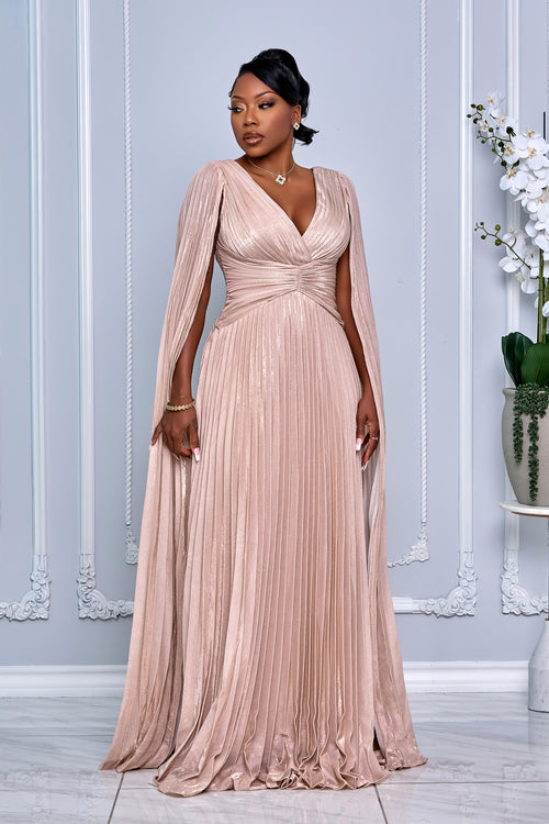 V-NECK CAPE LONG SLEEVE PLEATED MAXI DRESS (LIGHT GOLD)