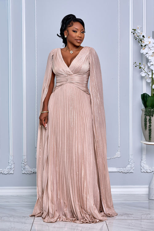 V-NECK CAPE LONG SLEEVE PLEATED MAXI DRESS (LIGHT GOLD)
