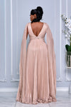 V-NECK CAPE LONG SLEEVE PLEATED MAXI DRESS (LIGHT GOLD)