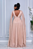 V-NECK CAPE LONG SLEEVE PLEATED MAXI DRESS (LIGHT GOLD)