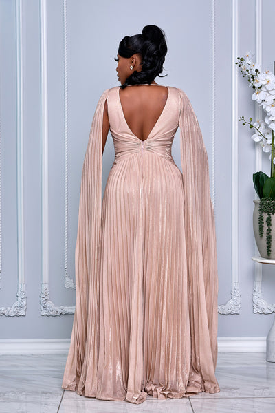 V-NECK CAPE LONG SLEEVE PLEATED MAXI DRESS (LIGHT GOLD)