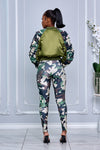 CAMOUFLAGE PRINT BOMBER JACKET WITH RUCHED SLEEVES & LEGGINGS SET