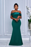 OFF SHOULDER TAFFETA AND CREPE MIX MERMAID DRESS WITH REMOVABLE BOW (GREEN)