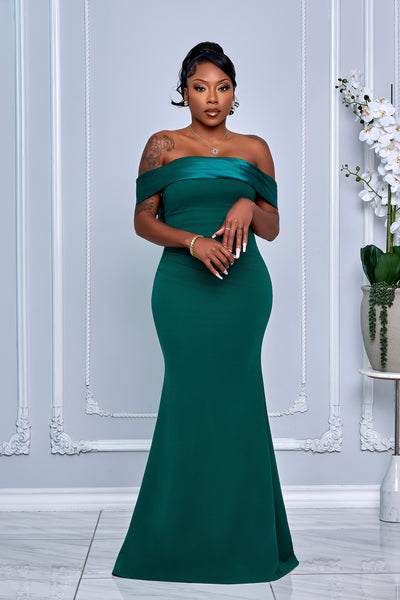 OFF SHOULDER TAFFETA AND CREPE MIX MERMAID DRESS WITH REMOVABLE BOW (GREEN)