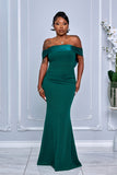 OFF SHOULDER TAFFETA AND CREPE MIX MERMAID DRESS WITH REMOVABLE BOW (GREEN)