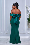 OFF SHOULDER TAFFETA AND CREPE MIX MERMAID DRESS WITH REMOVABLE BOW (GREEN)