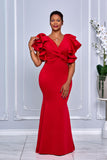 V-NECK RUFFLE FLUTTER SLEEVES MERMAID MAXI DRESS (RED)