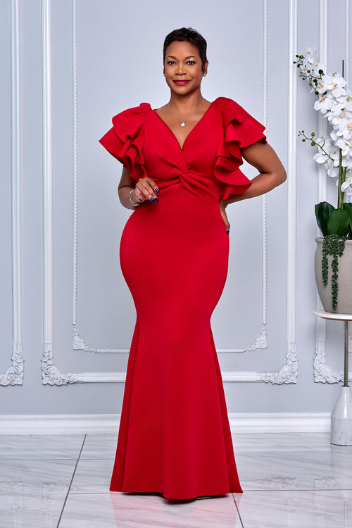V-NECK RUFFLE FLUTTER SLEEVES MERMAID MAXI DRESS (RED)