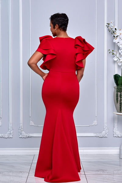 V-NECK RUFFLE FLUTTER SLEEVES MERMAID MAXI DRESS (RED)
