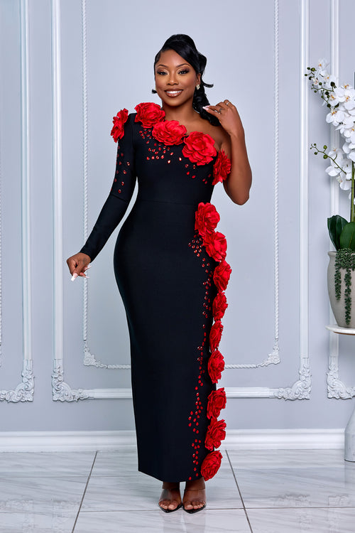 ONE SHOULDER BANDAGE DRESS WITH FLORAL DETAILING