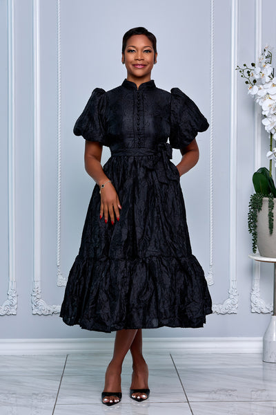 FLORAL TEXTURED JACQUARD  PUFF SLEEVES DRESS (BLACK)
