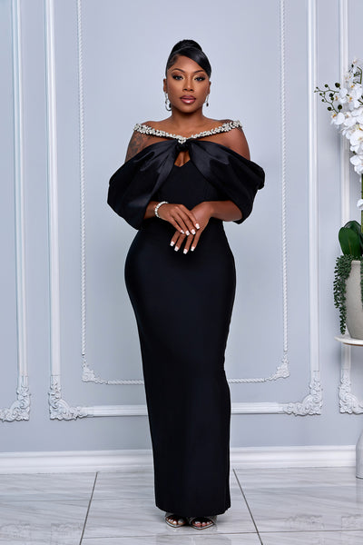 HALTERNECK CRYSTAL OFF SHOULDER BANDAGE DRESS (BLACK)