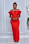 HALTERNECK CRYSTAL OFF SHOULDER BANDAGE DRESS (RED)