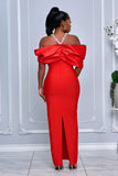 HALTERNECK CRYSTAL OFF SHOULDER BANDAGE DRESS (RED)