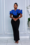 3D SCULPTED FLORAL APPLIQUE BANDAGE DRESS (BLACK/ROYAL BLUE)