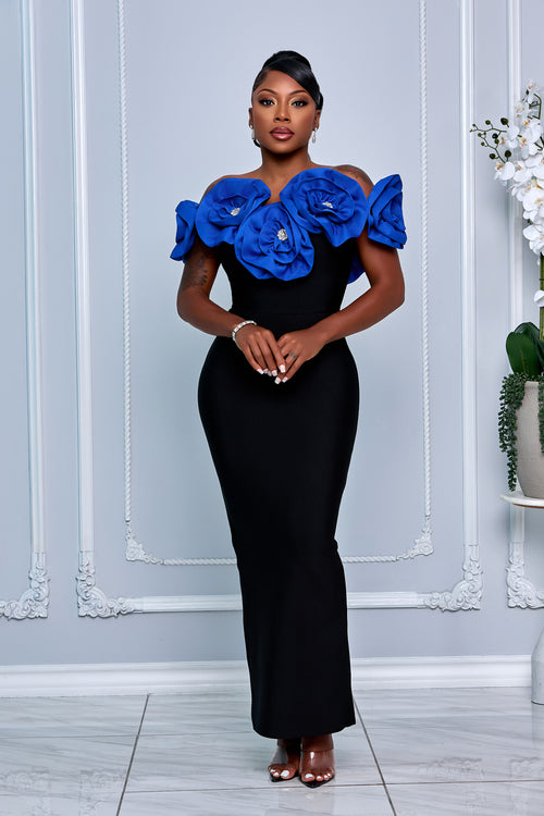 3D SCULPTED FLORAL APPLIQUE BANDAGE DRESS (BLACK/ROYAL BLUE)