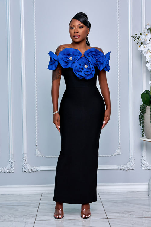 3D SCULPTED FLORAL APPLIQUE BANDAGE DRESS (BLACK/ROYAL BLUE)