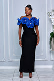 3D SCULPTED FLORAL APPLIQUE BANDAGE DRESS (BLACK/ROYAL BLUE)