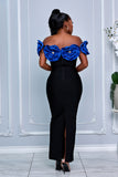 3D SCULPTED FLORAL APPLIQUE BANDAGE DRESS (BLACK/ROYAL BLUE)