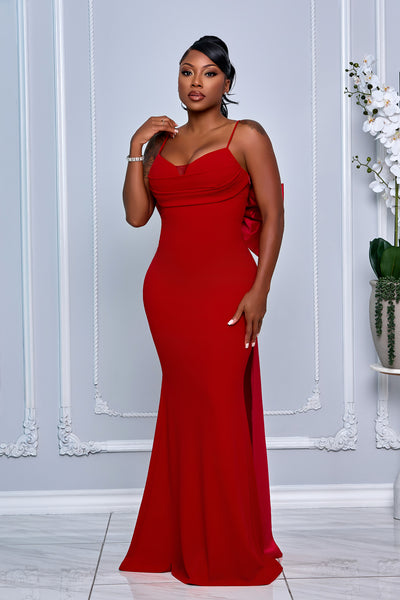 RIBBON BOW BACK DETAIL MERMAID MAXI DRESS (RED)