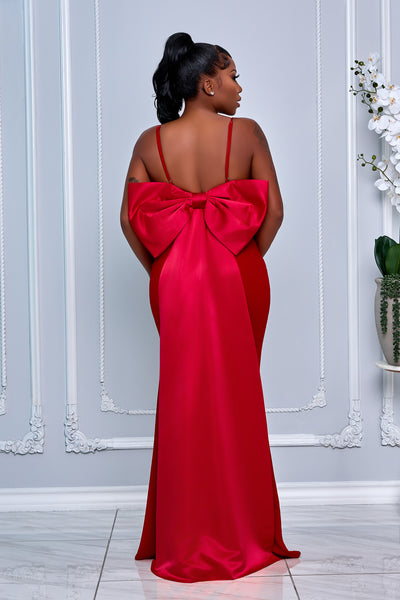RIBBON BOW BACK DETAIL MERMAID MAXI DRESS (RED)