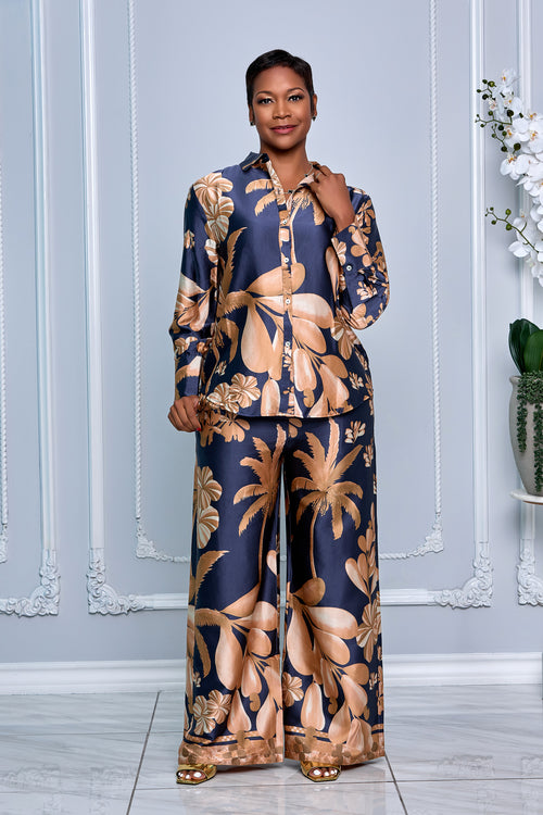 LONG SLEEVE BUTTON DOWN SHIRT TOP & WIDE-LEG PANTS SET (NAVY BLACK MULTI)