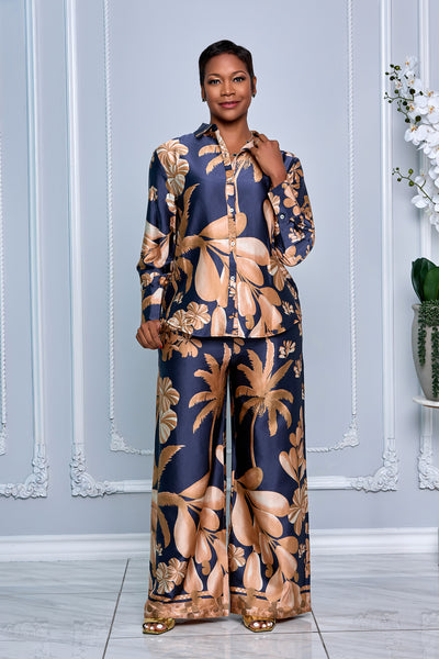 LONG SLEEVE BUTTON DOWN SHIRT TOP & WIDE-LEG PANTS SET (NAVY BLACK MULTI)