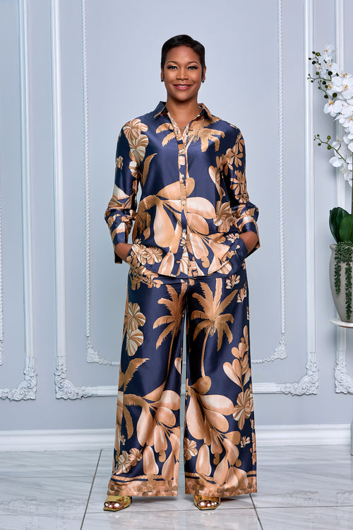 LONG SLEEVE BUTTON DOWN SHIRT TOP & WIDE-LEG PANTS SET (NAVY BLACK MULTI)