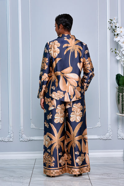 LONG SLEEVE BUTTON DOWN SHIRT TOP & WIDE-LEG PANTS SET (NAVY BLACK MULTI)